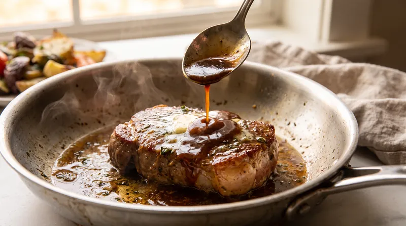 A dark, glossy pan sauce being spooned over a seared steak in a stainless steel skillet.