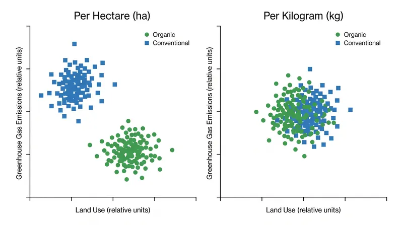 The environmental advantage of organic farming often disappears when emissions are measured per kilogram of food produced.