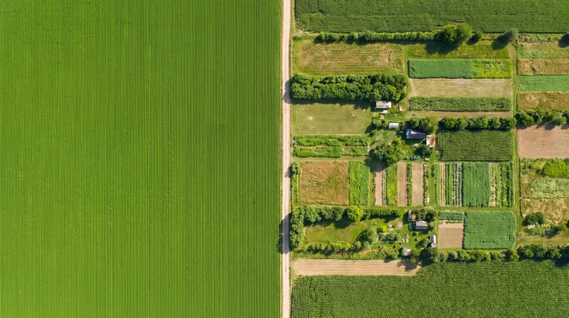 Aerial view showing a diverse, multi-crop organic farm field directly adjacent to a uniform conventional monoculture field.