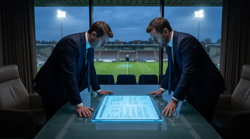 Two football executives in sharp suits sitting across a boardroom table reviewing a digital contract.
