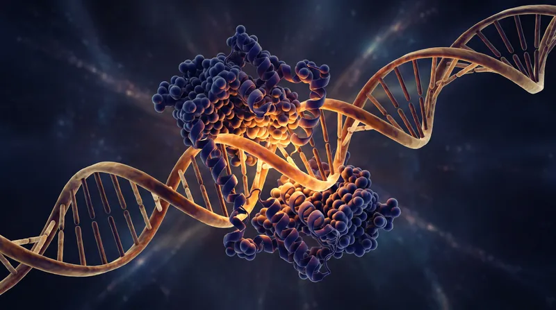 A 3D molecular rendering showing a blue tetrameric protein bound tightly to a twisting strand of DNA.