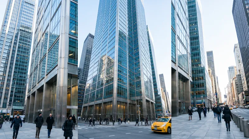 A low-angle view of a modern glass-and-steel commercial office skyscraper reflecting a clear blue sky.