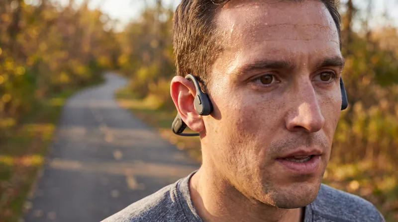 A runner on a paved trail wearing bone conduction headphones resting on their cheekbones just in front of the ears.