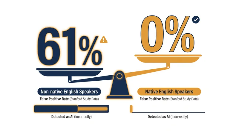 Stanford University researchers found that AI detectors falsely flagged 61% of essays written by non-native English speakers.