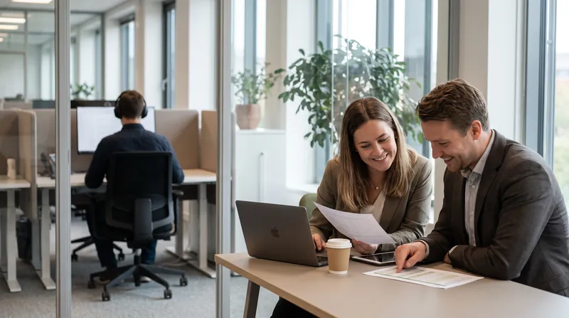 A manager and an employee engaged in a collaborative discussion at a modern office desk.