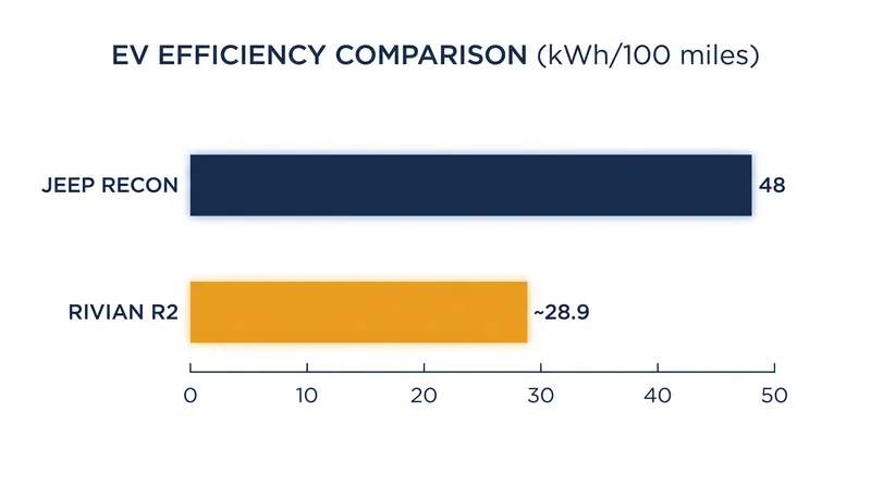 Aerodynamics and tires heavily dictate range, as seen in the Jeep Recon's high consumption rate.