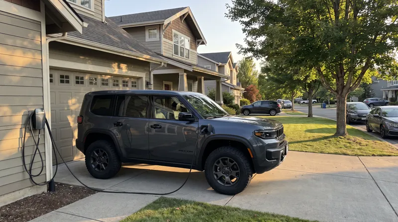 A gray 2026 Jeep Recon electric SUV parked in a driveway and plugged into a home charger.