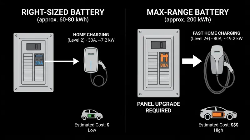 Massive battery packs often require expensive home electrical panel upgrades to charge overnight.