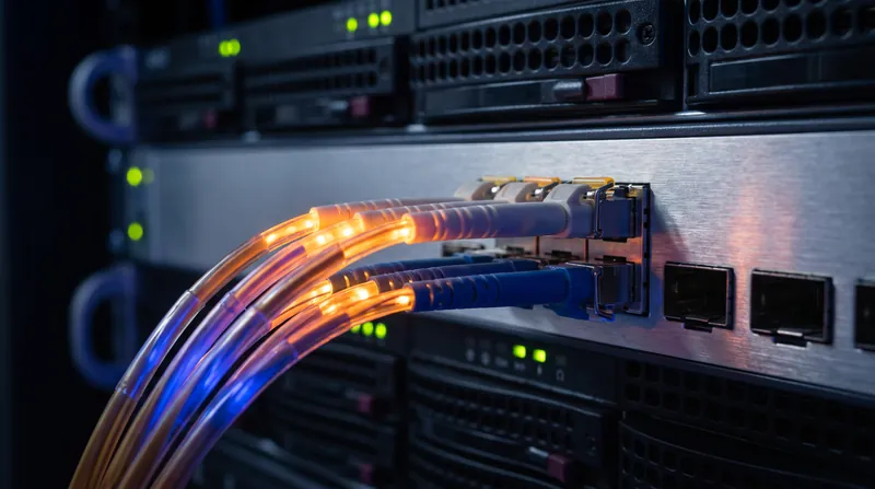 Close-up view of glowing fiber optic network cables plugged into a high-capacity enterprise data center switch.
