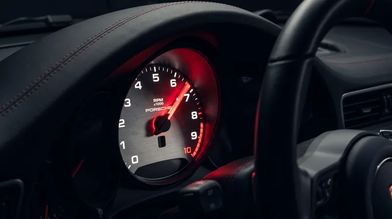 Close-up of a sports car tachometer glowing in the dark, with the needle passing 5,000 RPM.