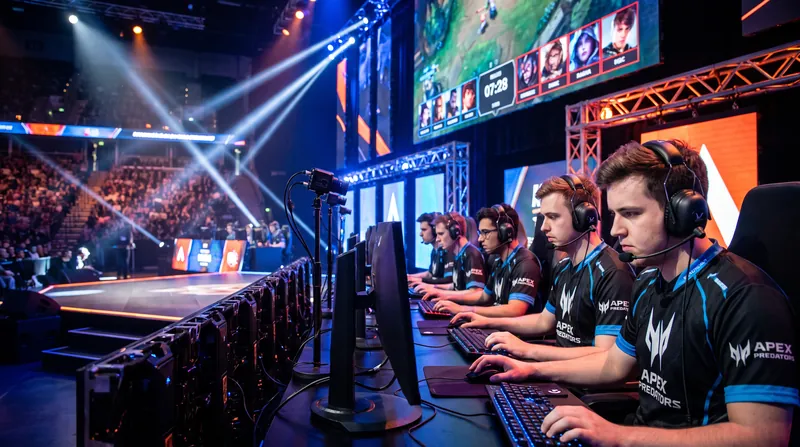Five esports players sitting at computer monitors on a brightly lit tournament stage wearing headsets.