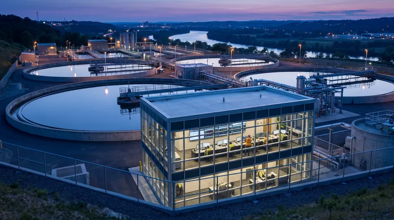 A modern municipal water treatment plant at dusk, featuring large circular clarifier tanks and a brightly lit control room in the foreground.