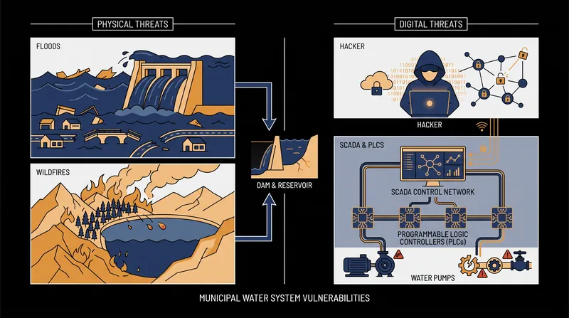 Modern water infrastructure faces converging vulnerabilities from extreme weather and digital intrusions.