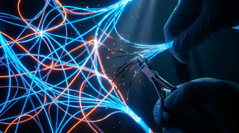 A conceptual macro photograph of a glowing neural network web with one specific cluster fading to dark.