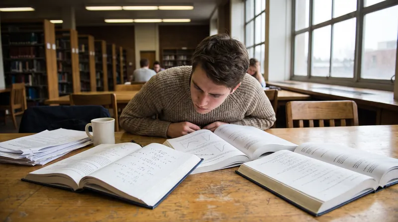 A university student sitting at a library desk looking at three different open textbooks simultaneously.