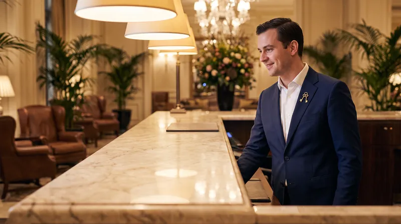 A luxury hotel concierge wearing a navy suit with crossed golden keys on the lapel stands behind a marble desk.