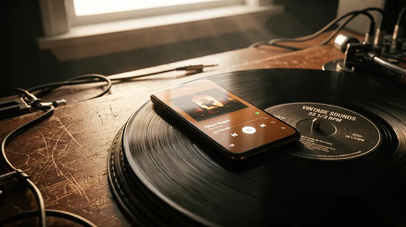 A smartphone displaying a music streaming application rests on top of a black vinyl record on a wooden desk.