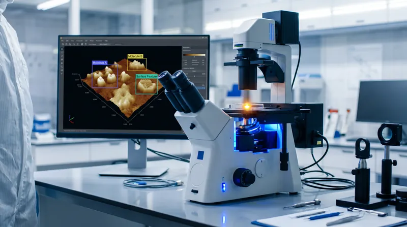 A close-up view of an atomic force microscope probe scanning a sample in a laboratory.