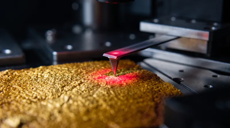 An atomic force microscope probe measures forces in the piconewton range to build a three-dimensional topographical map.