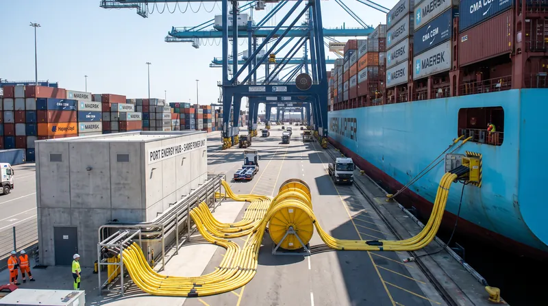 A large container ship docked at a port, connected to thick yellow high-voltage shore power cables.