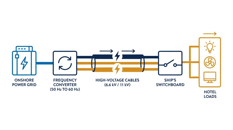 How shore power bridges the frequency gap between the terrestrial grid and the ship's internal microgrid.