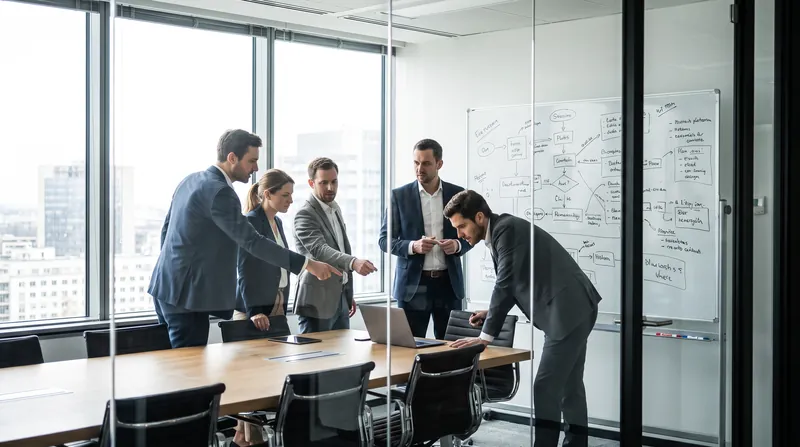 A corporate team in a modern conference room analyzing a workflow diagram on a whiteboard.