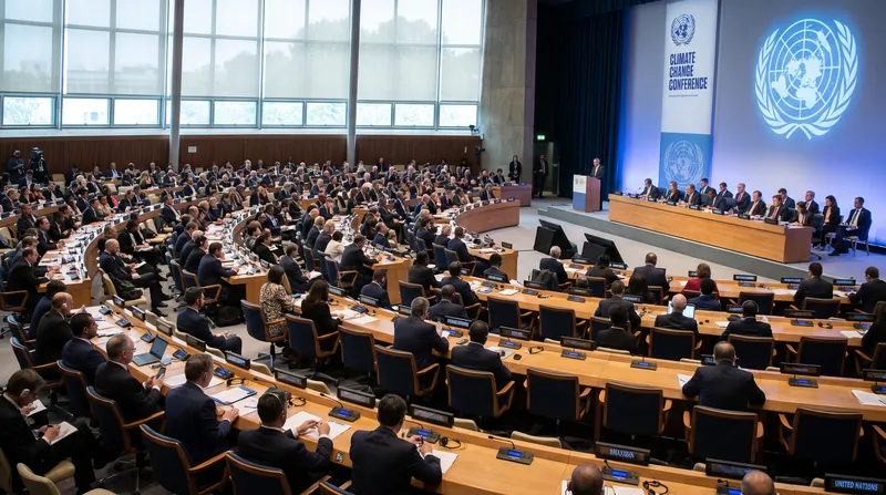 Delegates seated in a large plenary hall during a United Nations climate change conference.