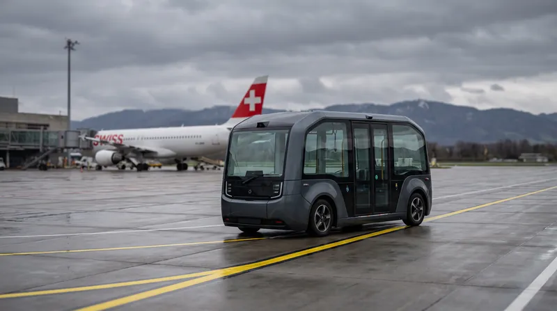 An electric autonomous shuttle bus driving on an airport tarmac with a commercial airplane parked in the background.