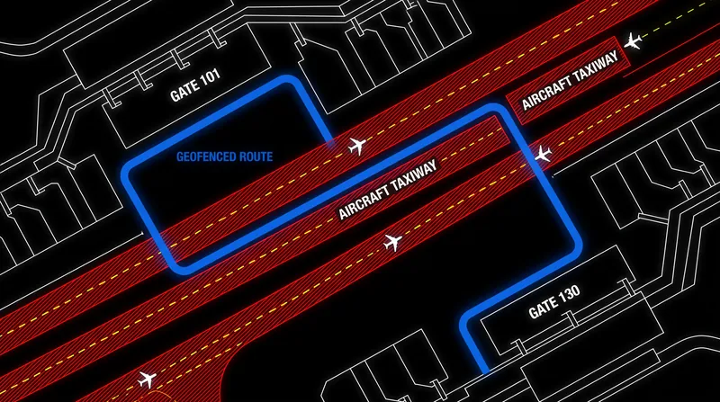 The shuttles operate on a strict geofenced route that avoids active aircraft taxiways.