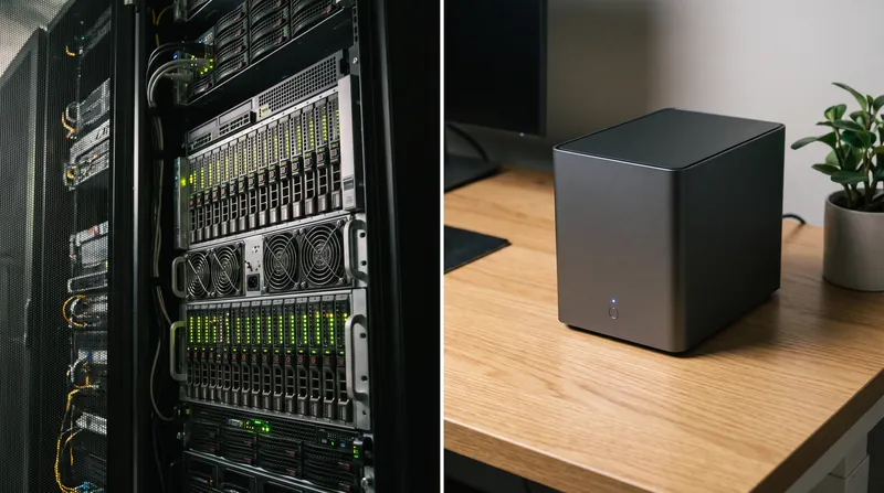 A split-screen view showing a large, rack-mounted enterprise server next to a small, sleek desktop NAS unit.