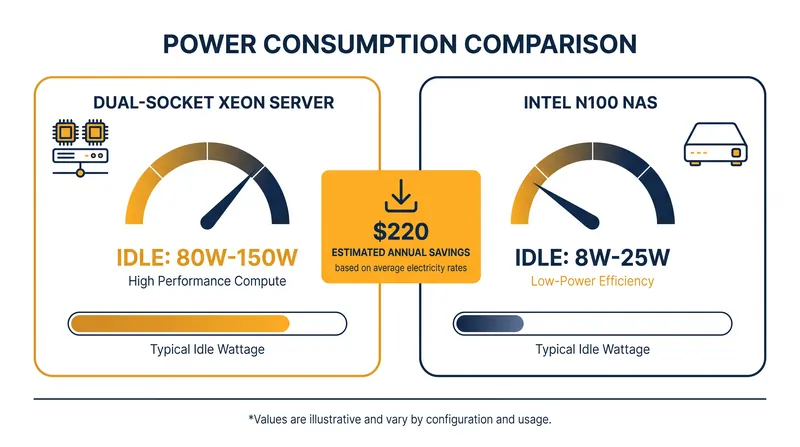 The high idle power draw of older enterprise hardware quickly erases any upfront cost savings.