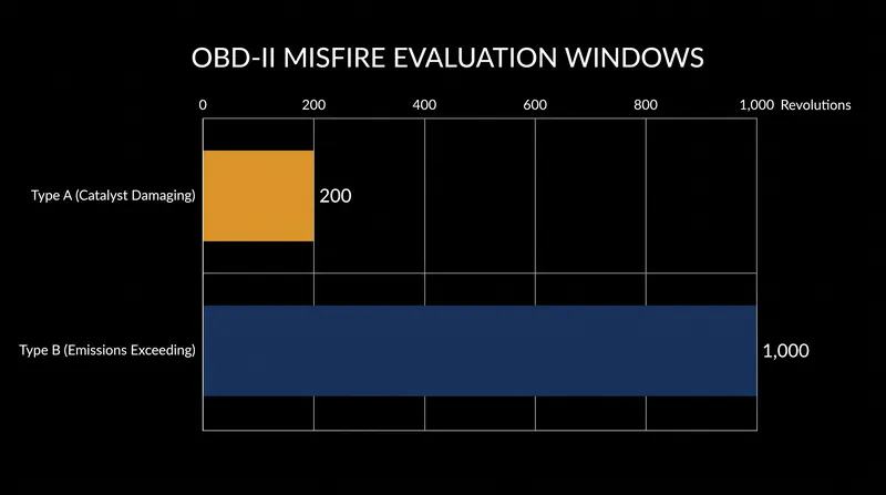 Engine control modules evaluate misfire severity across two distinct rotational windows to protect the catalytic converter.