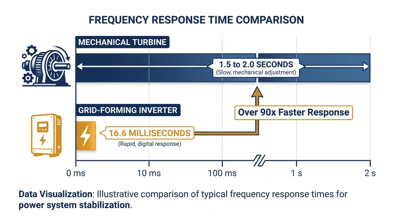 Software-driven synthetic inertia responds to grid faults significantly faster than the physical momentum of a spinning turbine.