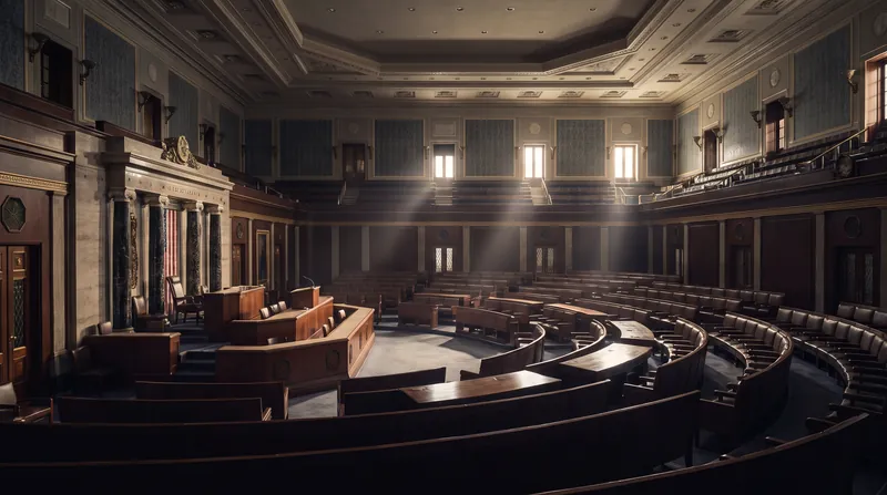 An empty wide shot of the United States House of Representatives chamber showing the rostrum and seating.