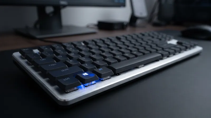 Close up of a computer keyboard focusing on a glowing Windows key in a dark room.