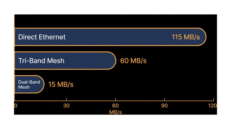 Average real-world SMB file transfer speeds based on the backhaul connection type.