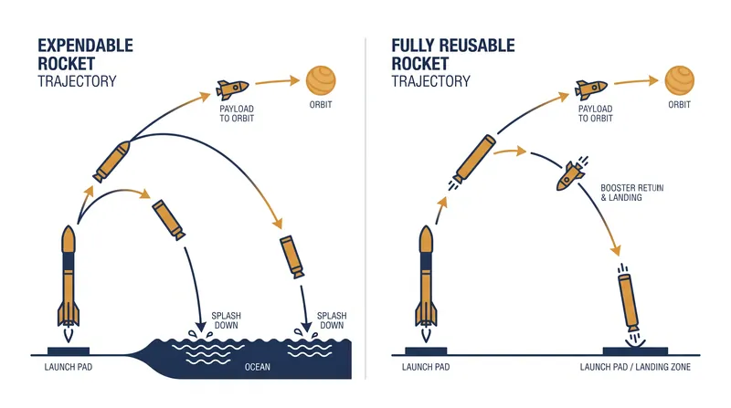 Expendable architectures discard millions of dollars of hardware into the ocean, while reusable systems return the vehicle for rapid refurbishment.