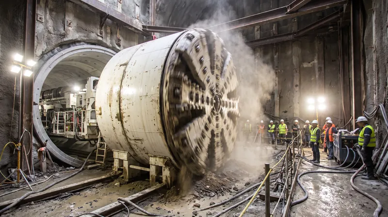 A massive white tunnel-boring machine cutting through earth in a brightly lit underground construction site.
