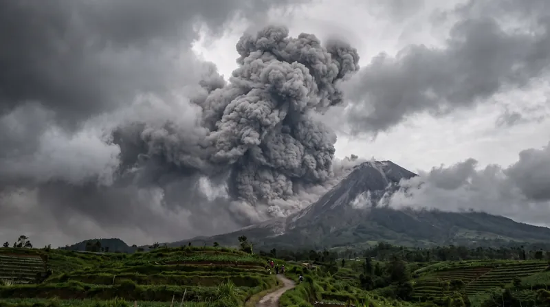 A dense grey ash plume rising from Mount Semeru into a cloudy sky above green slopes.
