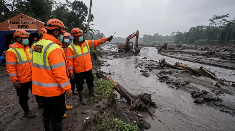Disaster management teams are monitoring river levels in Lumajang as rain mixes with fresh volcanic ash.