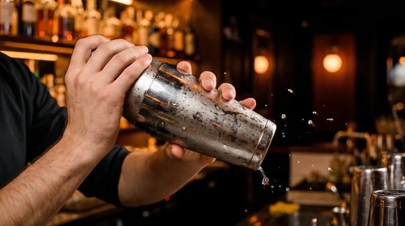 A bartender's hands vigorously shaking a frosted stainless steel Boston shaker in a dimly lit bar.