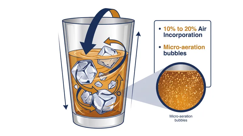 The kinetic impact of ice inside the shaker traps microscopic air bubbles within the liquid matrix.