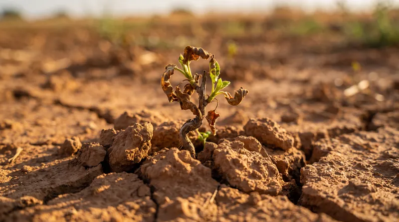 A macro photograph of a single stunted green plant struggling to grow in dry, cracked agricultural soil.
