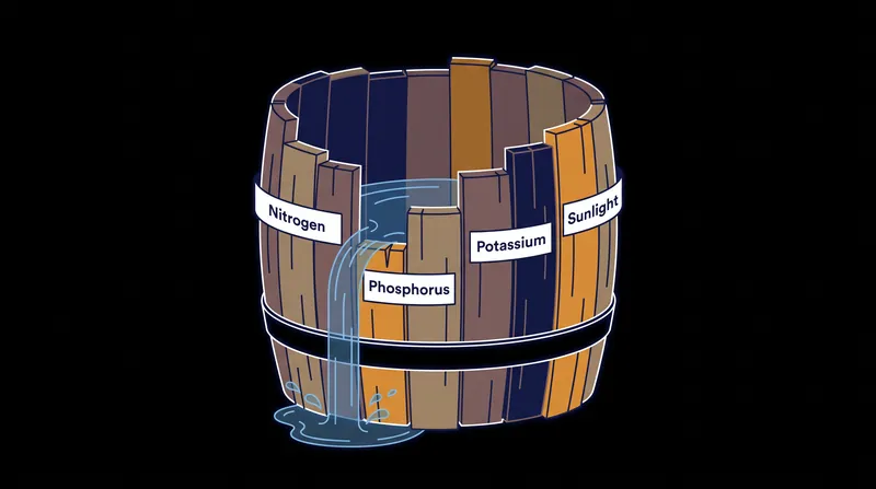 Liebig's Barrel illustrates how the shortest stave—the limiting nutrient—determines the maximum capacity for growth.
