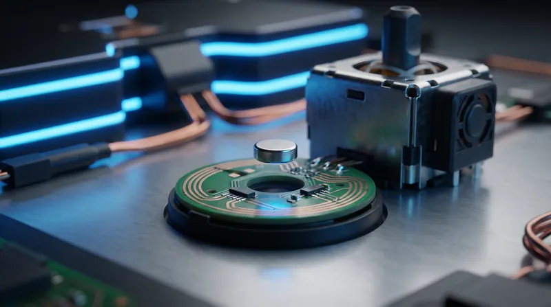 A disassembled gaming controller joystick module showing a magnet hovering above a green circuit board sensor.
