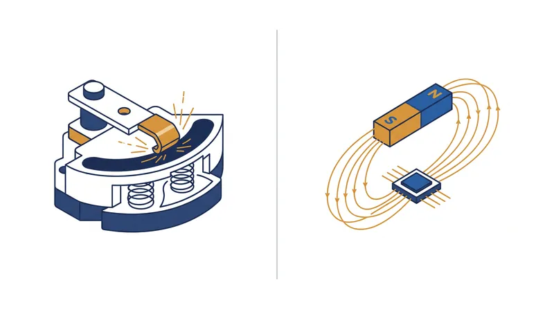 Traditional potentiometers rely on physical contact, while Hall Effect sensors use magnetic fields to track movement.