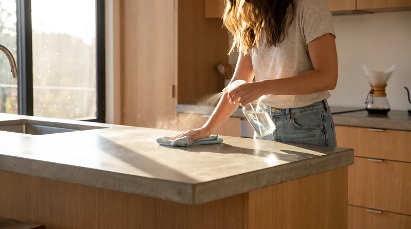 A person wiping a kitchen counter with a spray bottle in bright sunlight.