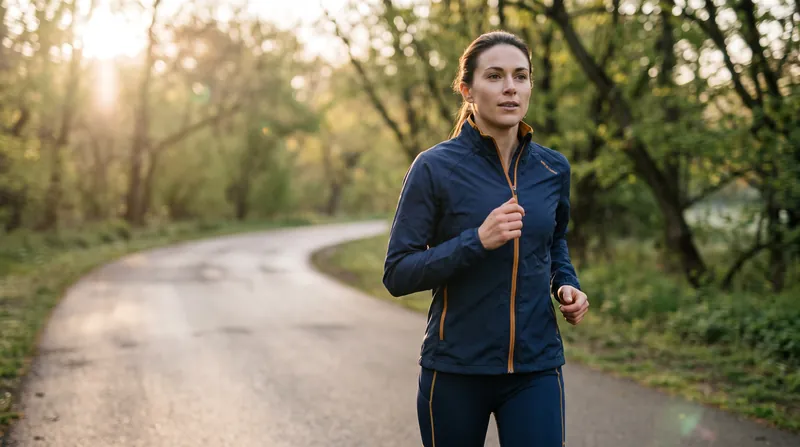 A female runner in navy and amber gear jogs along a paved park trail in the early morning light.