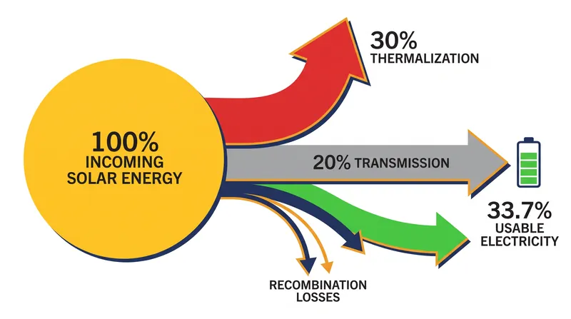 The Shockley-Queisser limit dictates that thermalization and transmission losses unavoidably consume the majority of incoming solar energy.