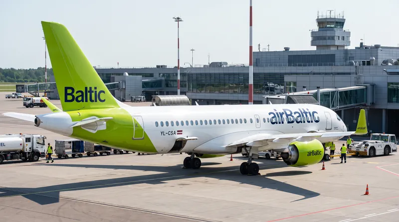 An airBaltic Airbus A220-300 parked at a gate at Riga International Airport during daytime operations.